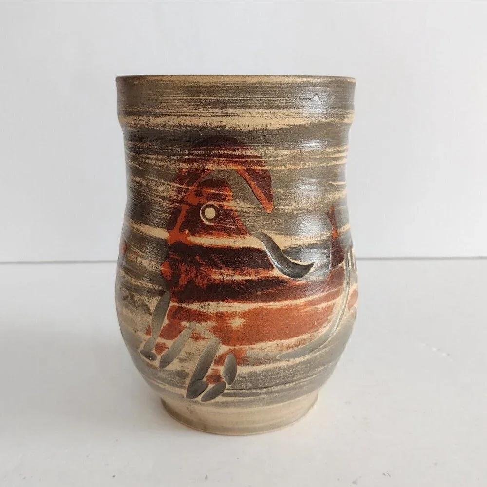 Vintage Signed Studio Art Pottery Vase Hand Painted Ram Goat? Abstract Art Brown